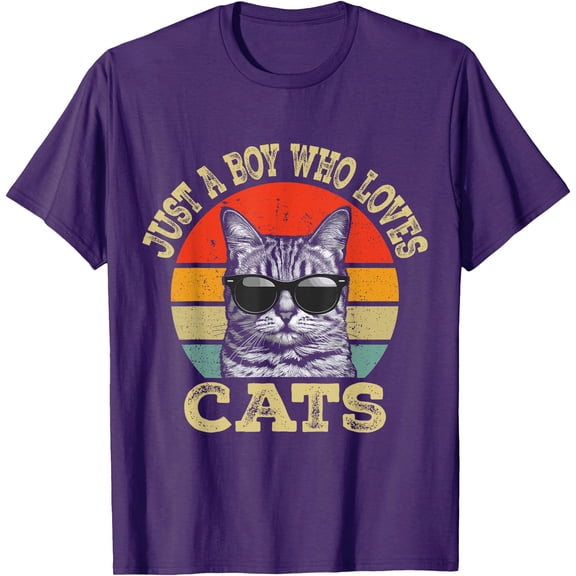 Vintage Just A Boy Who Loves Cats Unisex T-Shirt for Men Women Kids Toddler,Purple Color,Size 3T