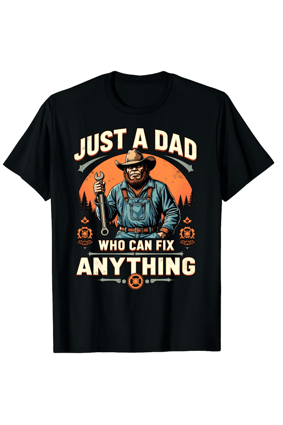 Vintage Just a Dad Who Can Fix Anything Funny Bigfoot Dad Graphic Black T-Shirt for Men and Women