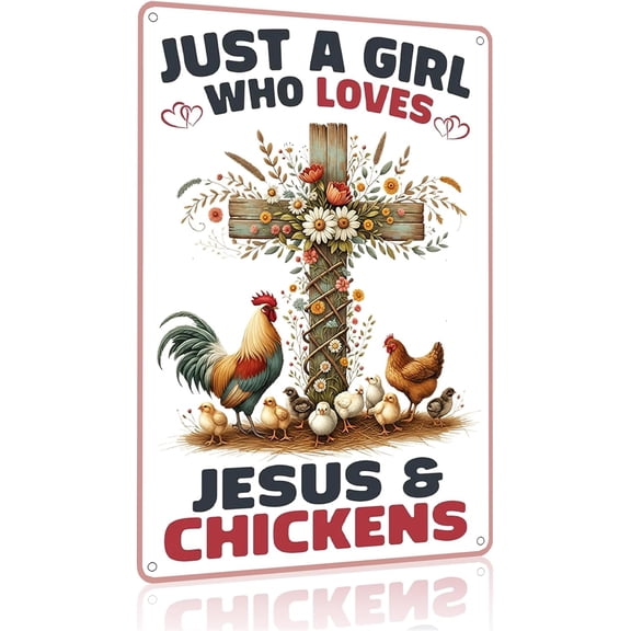 Vintage Just a Girl Who Loves Jesus and Chickens Tin Sign 8x12 Inch Farm Kitchen Garden Decor