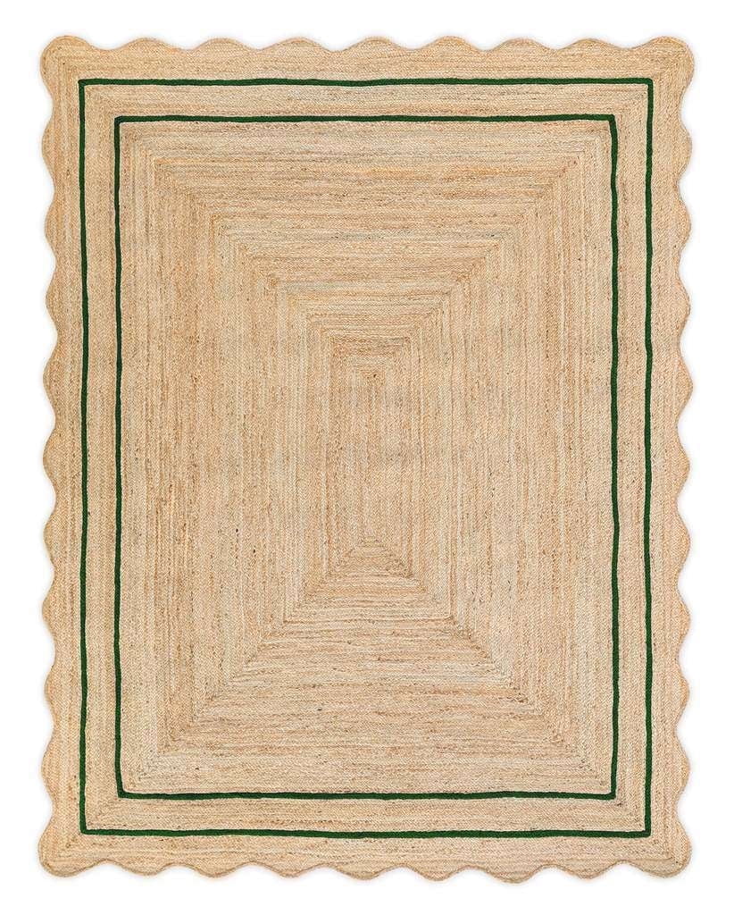 Vintage Jute Area Rug Decor Braided Rectangular Scalloped Vintage Carpet with Multi Border Green 6' x 9' BY KALVEERA