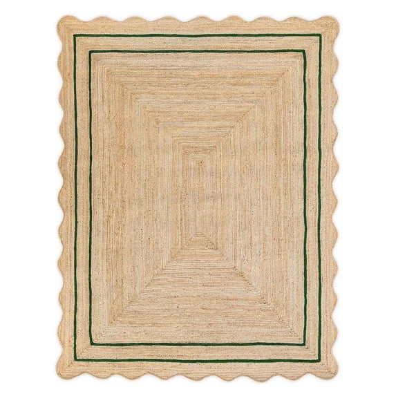 Vintage Jute Area Rug Decor Braided Rectangular Scalloped Vintage Carpet with Multi Border Green 8' x 10' BY KALVEERA