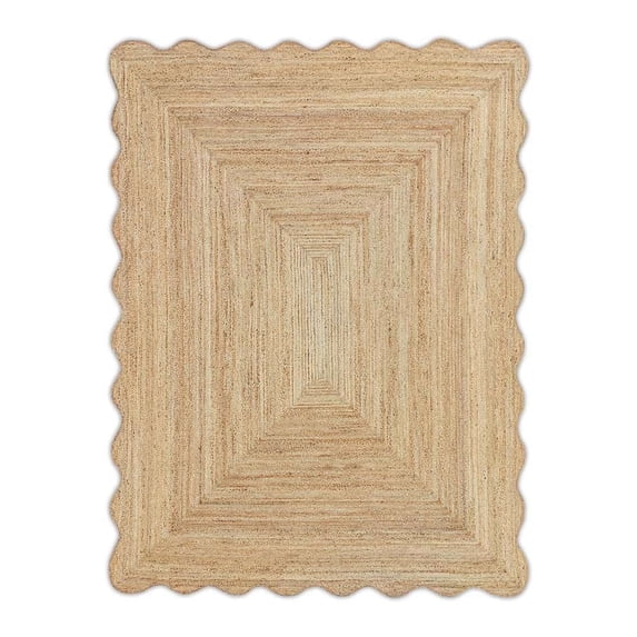 Vintage Jute Area Rug Decor Braided Rectangular Scalloped Vintage Carpet with Multi Border Natural 5' x 8' BY KALVEERA