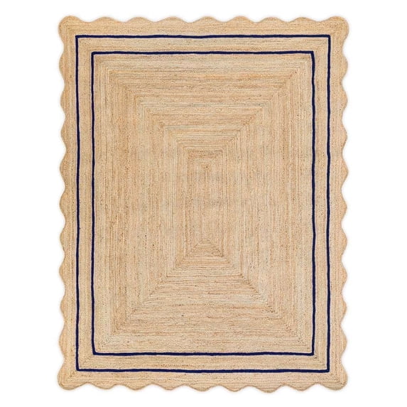 Vintage Jute Area Rug Decor Braided Rectangular Scalloped Vintage Carpet with Multi Border Navy 2'6" x 18' BY KALVEERA