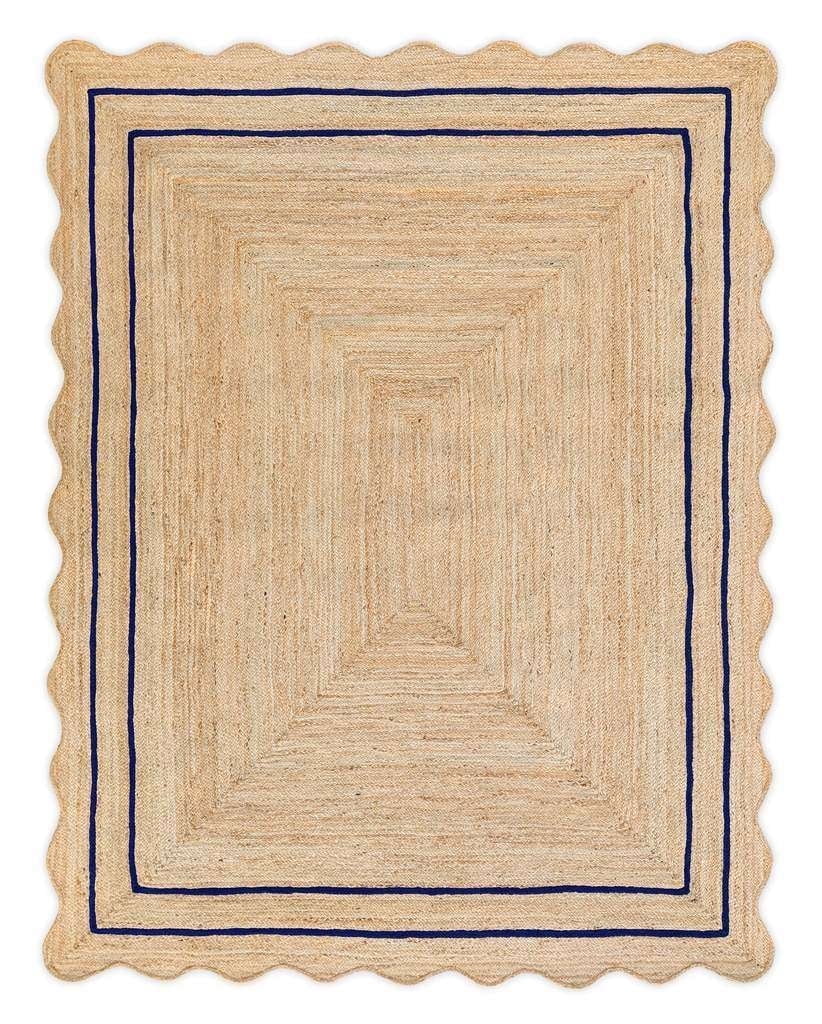 Vintage Jute Area Rug Decor Braided Rectangular Scalloped Vintage Carpet with Multi Border Navy 2' x 6' BY KALVEERA