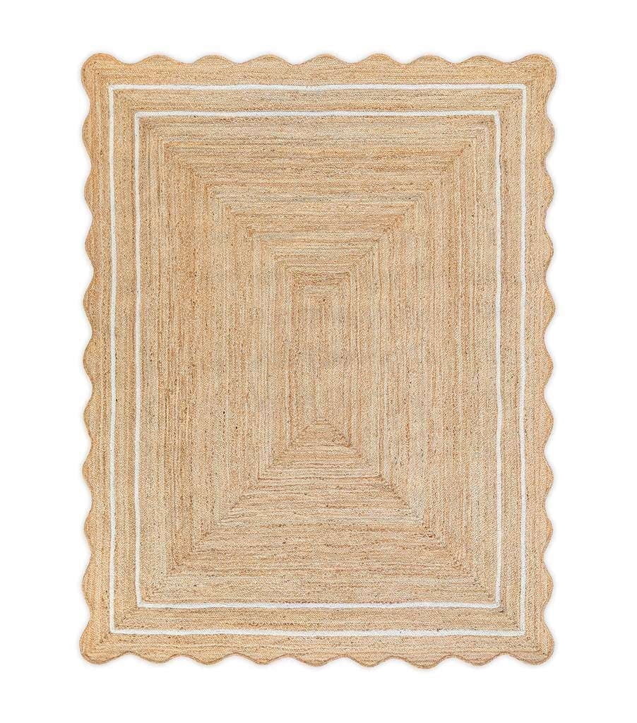 Vintage Jute Area Rug Decor Braided Rectangular Scalloped Vintage Carpet with Multi Border Off White 5' x 7' BY KALVEERA