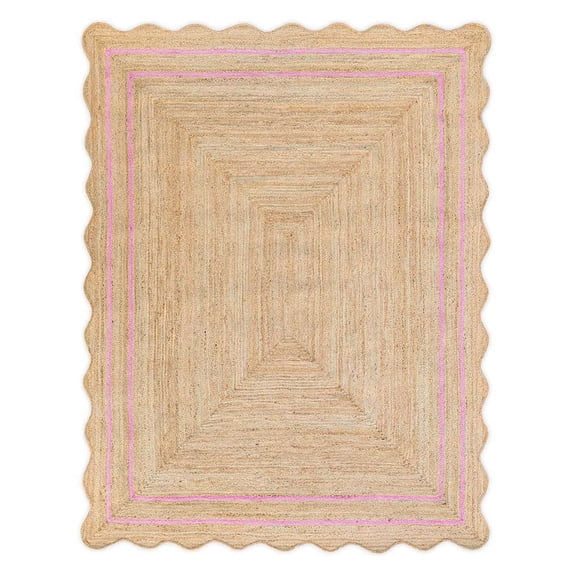 Vintage Jute Area Rug Decor Braided Rectangular Scalloped Vintage Carpet with Multi Border Pink 9' x 12' BY KALVEERA