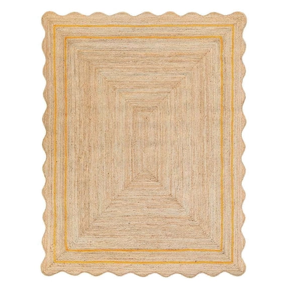 Vintage Jute Area Rug Decor Braided Rectangular Scalloped Vintage Carpet with Multi Border Yellow 5' x 8' BY KALVEERA