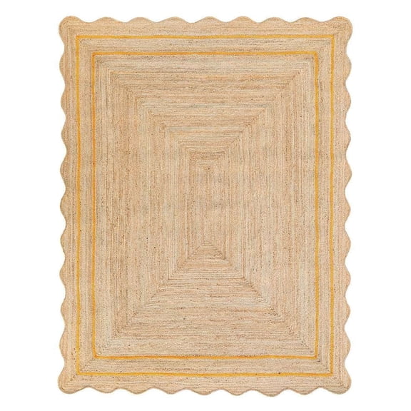 Vintage Jute Area Rug Decor Braided Rectangular Scalloped Vintage Carpet with Multi Border Yellow 9' x 12' BY KALVEERA