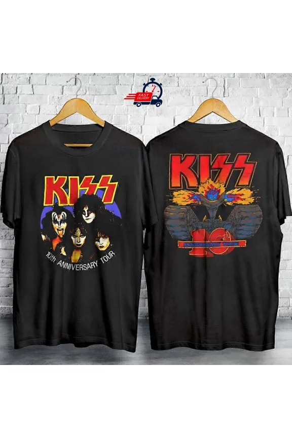 Vintage KISS 10th Anniversary Tour Black Double Sided Reprint T-Shirt Fans Gift