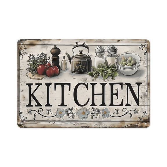 Vintage "KITCHEN" Floral and Utensil Metal Sign, 8x12 Inch Shabby Chic Farmhouse Wall Decor, Distressed Rustic Plaque for Kitchen, Dining Room and Cottage Style