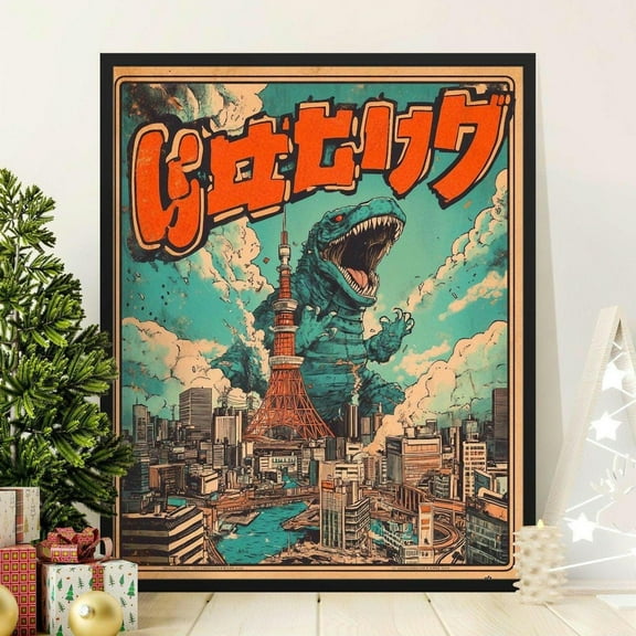 Vintage Kaiju Movie Poster, Retro Japanese Monster Attack Print, Tokyo Cityscape Art, Geek Wall Decor, Sci-Fi Home Decor, 8x12