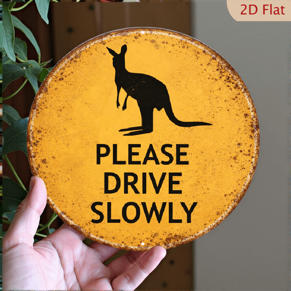 Vintage Kangaroo Warning Metal Sign, Retro Round Aluminum Wall Decor, 8x8 Inch Wildlife Crossing Decorative Plaque for Home or Garage
