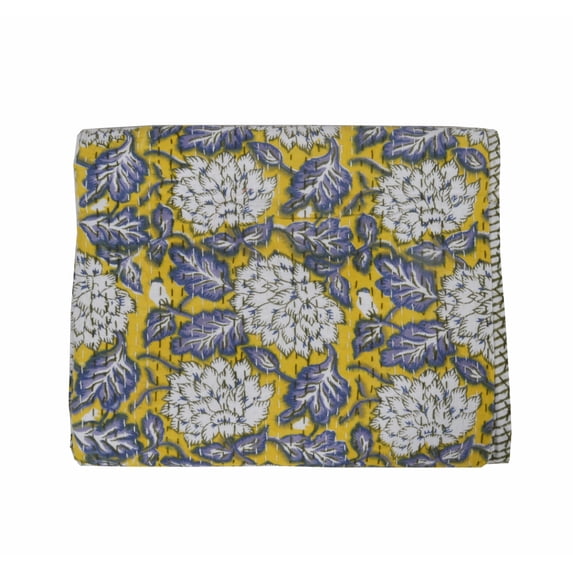Vintage Kantha Quilt Indian Hand Block Print Quilt Cotton Kantha Throw Kantha Blanket Handmade Quilt Double Size Kantha Bedspread White Quilt