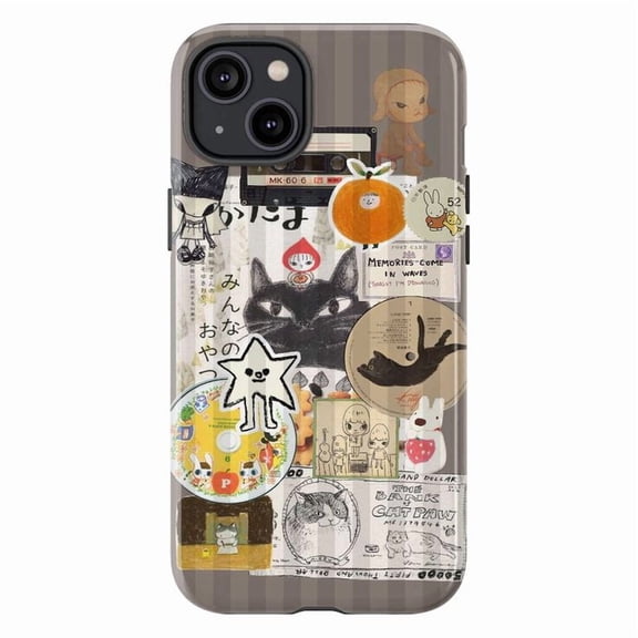 Vintage Kawaii Collage Phone Case, Retro Cat & Sticker Art Cover for iPhone 17 16 15 14 13 12 11 Pro Max Plus Mini