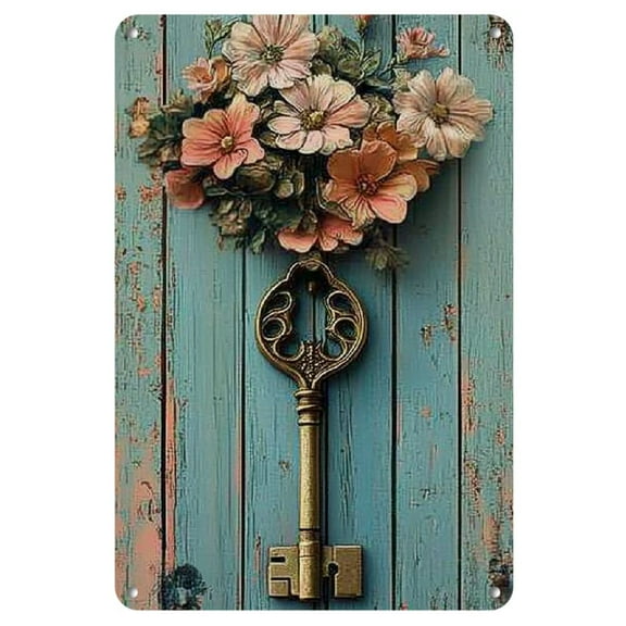 Vintage Key Design Metal Tin Sign - Antique Floral Wall Art for Home, Café, Gallery | Durable Aluminum, Easy to Hang, 8"x12" | Ideal Gift for Collectors and Decor Enthusiasts, Metal Wall Art Decor
