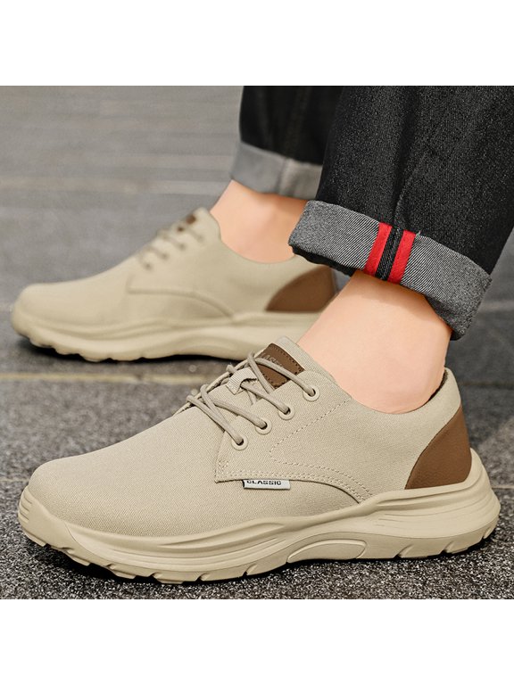Vintage Khaki Canvas Low-Top Sneakers Small Label Decor Shock Absorbing Flexible Midsole Street Shoes