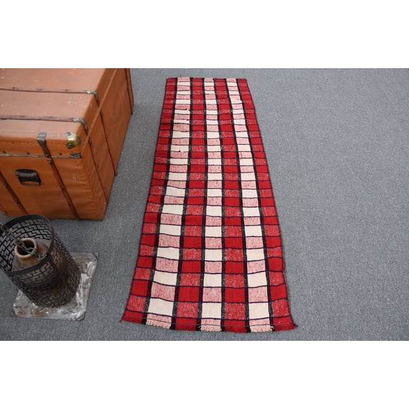 Vintage Kilim, Runner Kilim, Turkish Kilim, Oushak Kilim, 25x70 inches Red Kilim, Tribal Kilim, Stair Kilim, Corridor Kilim, 11593