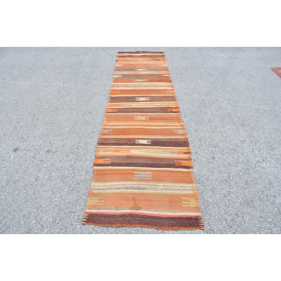 Vintage Kilim, Turkish Kilim, Runner Kilim, Oushak Kilim, 31x120 inches Orange Kilim, Office Kilim, Hallway Kilim, 9982