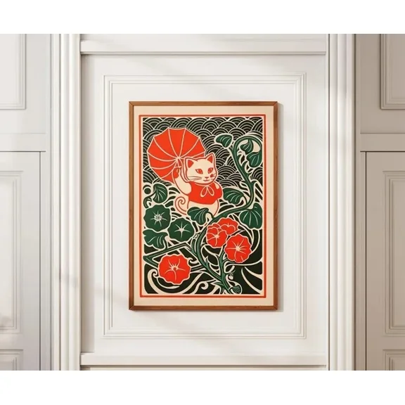 Vintage Kimono Kitten Poster Linocut Morning Glories Art Home Decor Vintage Gift Living Room Dercor