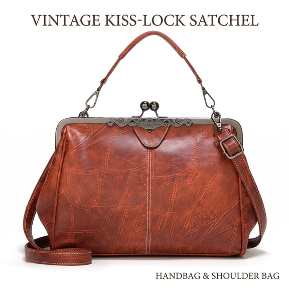 Vintage Kiss‑Lock Shoulder Handbag for Women, Oil‑Wax PU Leather Retro Satchel Purse with Detachable Adjustable Crossbody Strap, Multi‑Pocket Top‑Handle Bag for Dating Wedding Party Daily Use