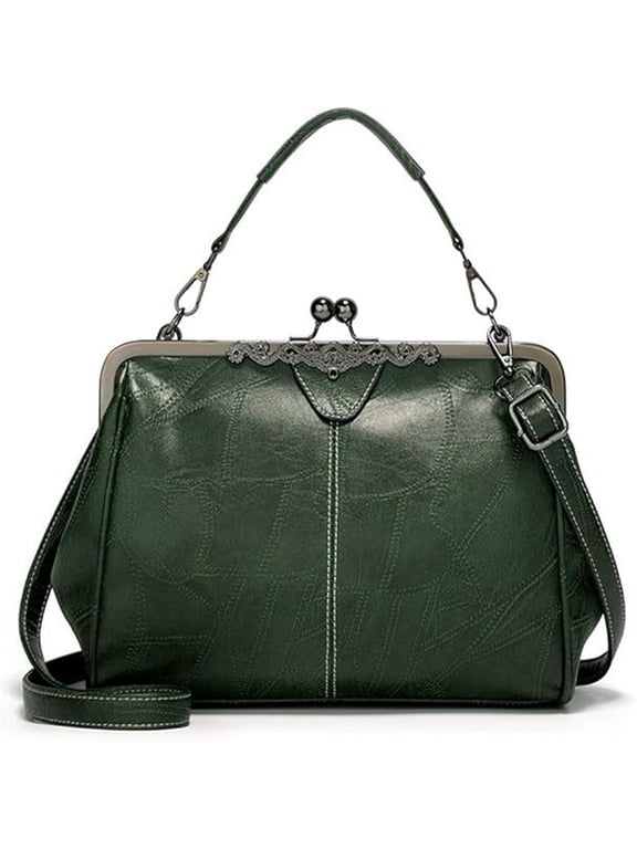 Vintage Kiss‑Lock Shoulder Handbag for Women, Oil‑Wax PU Leather Retro Satchel Purse with Detachable Adjustable Crossbody Strap, Multi‑Pocket Top‑Handle Bag for Dating Wedding Party Daily Use