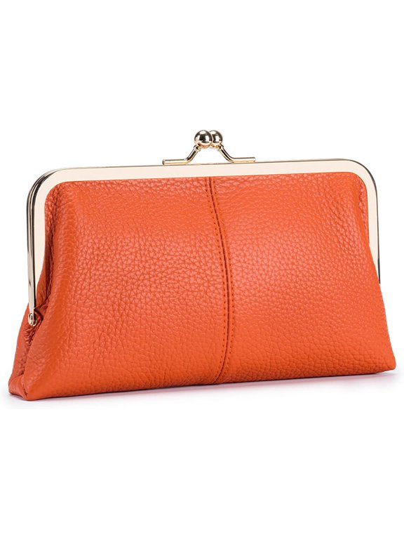 Vintage Kiss Lock Wallet for Women, Genuine Leather Multi-card Slots Card Holder Clutch Purse Travel Wallet (Orange)