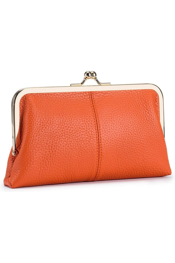 Vintage Kiss Lock Wallet for Women, Genuine Leather Multi-card Slots Card Holder Clutch Purse Travel Wallet (Orange)
