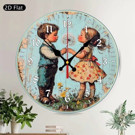 Vintage Kisses Hearts Round Wall Clock Rustic Farmhouse Valentine's Day Decor Silent Non Ticking Home Kitchen Living Room
