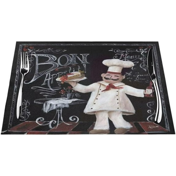 Vintage Kitchen Chef Placemats for Dining Table, Abstract Medieval Fat Chef Linen Table Place Mat Sets for Indoor Outdoor Party, Set of 4, Heat Resistant Washable Non-Slip (18" L x 12" W)