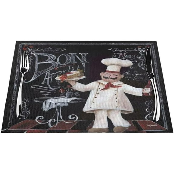Vintage Kitchen Chef Placemats for Dining Table, Abstract Medieval Fat Chef Linen Table Place Mat Sets for Indoor Outdoor Party, Set of 4, Heat Resistant Washable Non-Slip (18" L x 12" W)