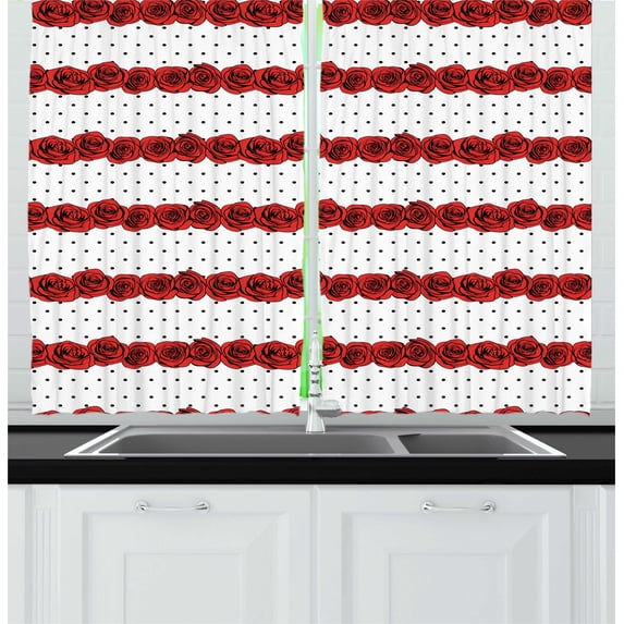 Vintage Kitchen Curtains, Feminine Rose Bouquets Along Polka Dots Romantic Classic Feminine Design, Two Panels Drapes with Rod Pocket Room Decor, 55" X 45", Black White and Red, by Ambesonne