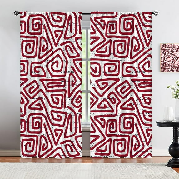 Vintage Kitchen Curtains, Hand Painted Boho Pattern Home Decor Blackout Curtains, Strikes Pattern in Red Colors Curved Spiral Lines, Window Drapes 2 Panel Set for Cafe Study Decor-W84xL84in