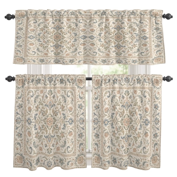 Vintage Kitchen Curtains and Valances Set, Classic Floral Scrolls Botanical Vines Damask Border 3 Piece Curtains Valances and Tiers Set Rod Pocket for Kitchen Bathroom Windows 36 Inch