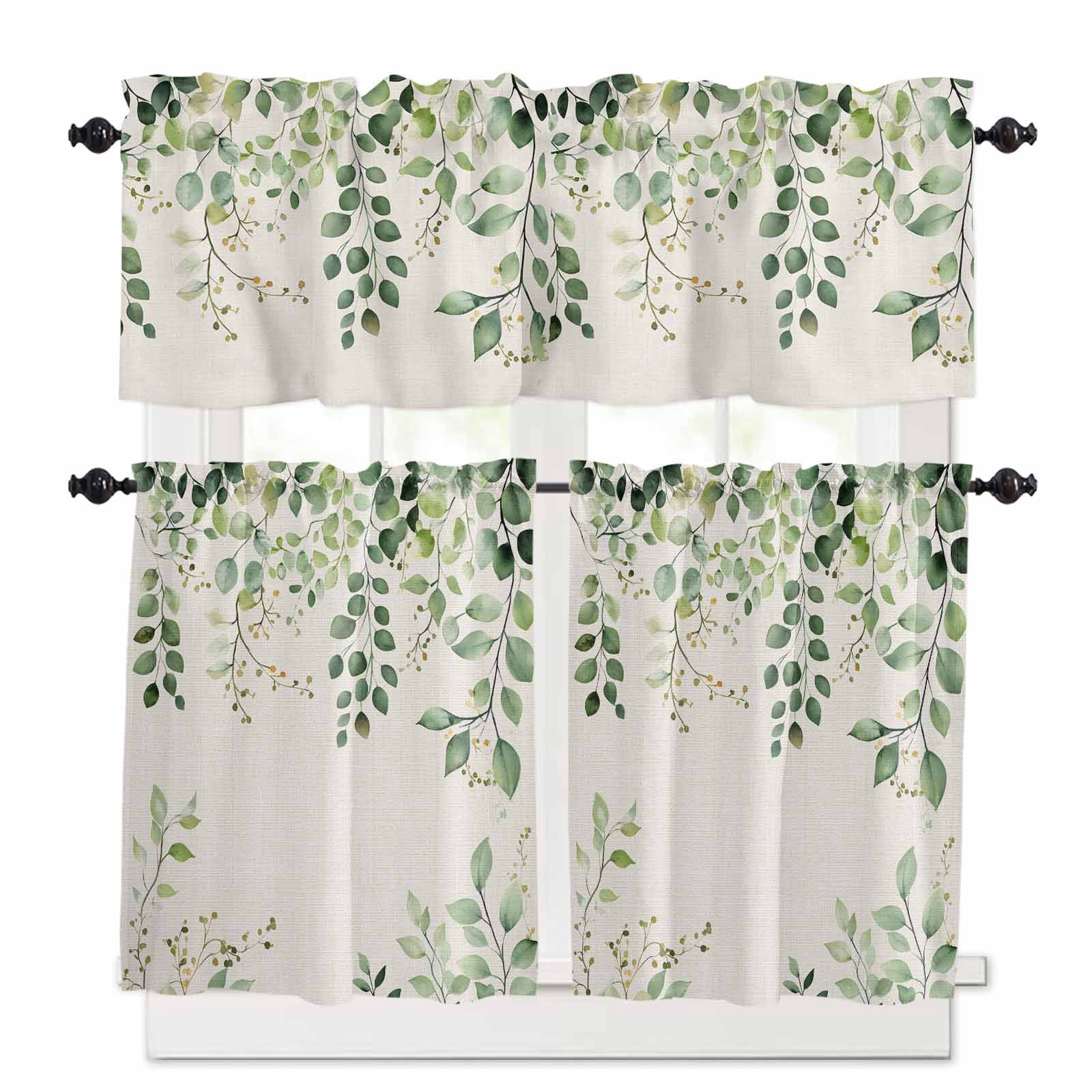 Vintage Kitchen Curtains and Valances Set, Watercolor Eucalyptus Leaf Country Linen Background Rod Pocket Window Valance Window Curtain Panels for Living Room Bedroom Laundry, 27.5x36in, 3 Pieces