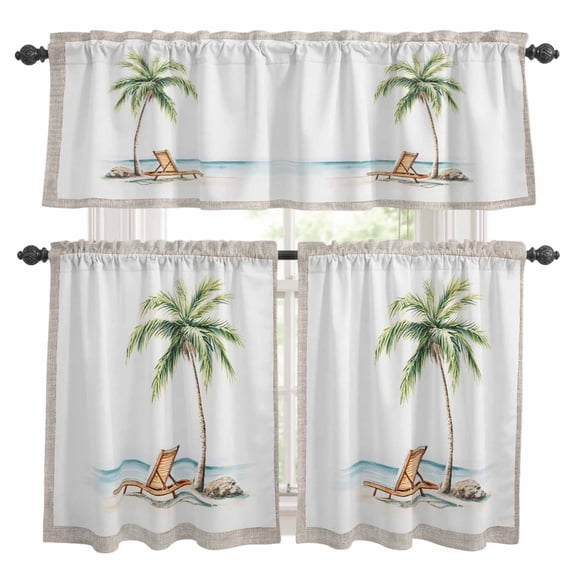 Vintage Kitchen Curtains Valances and Tiers Set of 3 Seaside Vacation Palm Trees Recliner Retro Linen Tier Curtains and Valance with Rod Pocket for Small Windows, 27.5"x36"