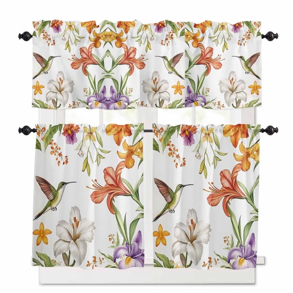 Vintage Kitchen Curtains Valances and Tiers Set of 3 Spring Hummingbird Flower Field Pastoral Scenery Tier Curtains and Valance for Kitchen Bathroom Small Windows 27.5"W x 24"L (Pack of 3)