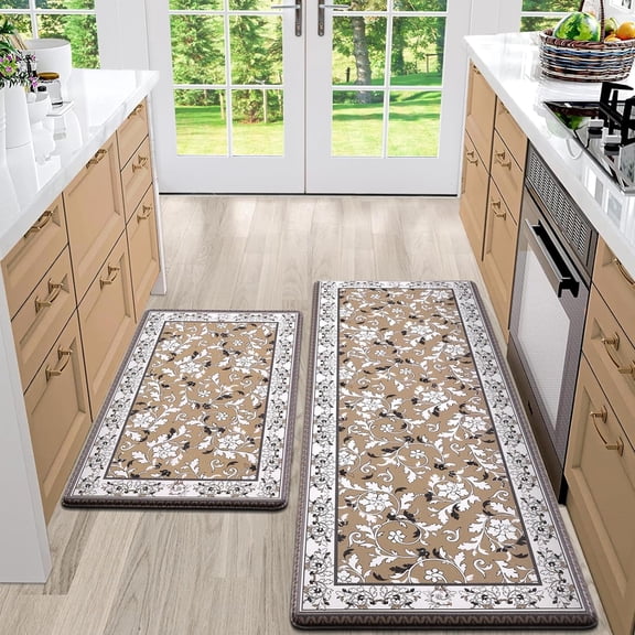 Vintage Kitchen Floor Mats Cushioned Anti Fatigue, Boho Kitchen Mats for Floor 2 Piece, Memory Foam Kitchen Rugs Non Slip Waterproof, Farmhouse Comfort Mats for Kitchen, Laundry, Sink, Office
