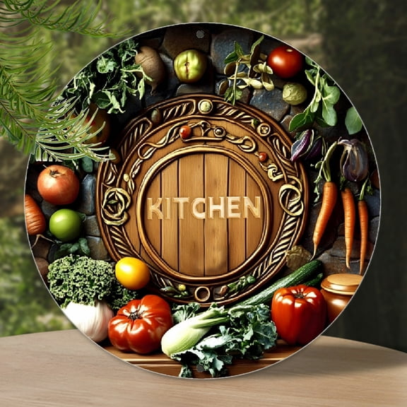 Vintage Kitchen Fruit & Vegetable Round Metal Sign - 8x8 Inch 2D Flat Aluminum Wall Art, Rustic Farmhouse Decor for Home, Cafe & Restaurant - Perfect Gift for Foodies