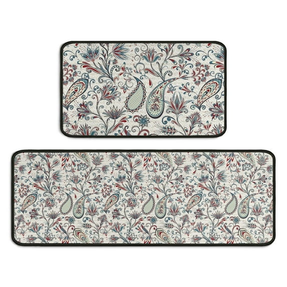 Vintage Kitchen Mat Doormat Set Of 2, Non-Slip Boho Floral Patterns Indoor/Outdoor Rug for Floor Front Door, Kitchen, Bathroom Decor,Modern Style 17" X 47" and 17" X 30"