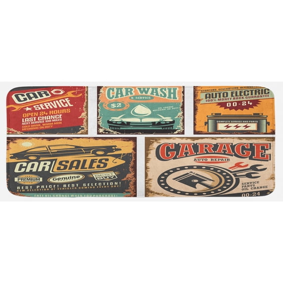 Vintage Kitchen Mat, Nostalgic Art Auto Service Garage Funk Style Highway Logo Repair Road Grunge Design, Plush Decorative Kitchen Mat with Non Slip Backing, 47" X 19", Multicolor, by Ambesonne