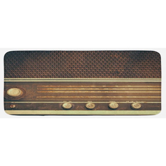 Vintage Kitchen Mat, Old Antique Retro 60s Style Radio Music Player Loudspeakers Buttons Image, Plush Decorative Kitchen Mat with Non Slip Backing, 47" X 19", Brown and White, by Ambesonne