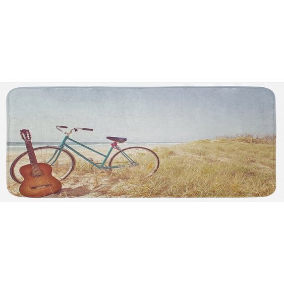 Vintage Kitchen Mat, Old Guitard a Vintage Bike Standing in the Beach Vacation Enjoy Summer Photo Art, Plush Decorative Kitchen Mat with Non Slip Backing, 47" X 19", Blue, by Ambesonne