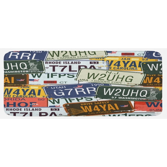 Vintage Kitchen Mat, Original Retro Style License Plates Personalized Creative Travel Vacation, Plush Decorative Kitchen Mat with Non Slip Backing, 47" X 19", Green Beige, by Ambesonne