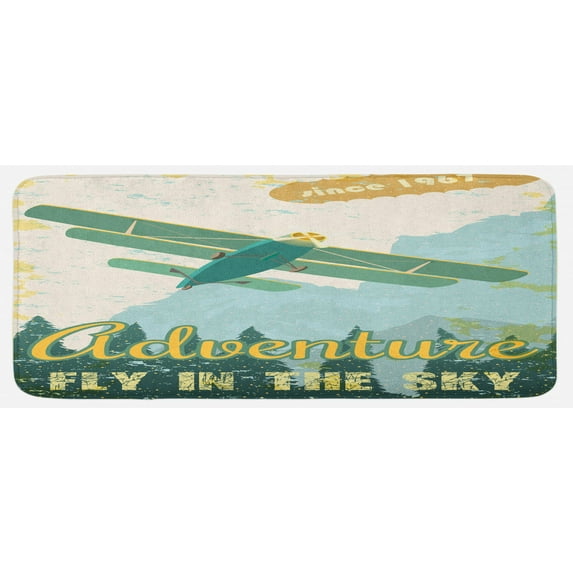 Vintage Kitchen Mat, Retro Plane in the Sky Trees Sixties Propeller Engine Historical Flight Murky, Plush Decorative Kitchen Mat with Non Slip Backing, 47" X 19", Multicolor, by Ambesonne
