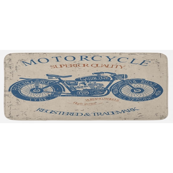 Vintage Kitchen Mat, Retro Style Bike Grunge Background Classic Wheels Chopper Rider Illustration, Plush Decorative Kitchen Mat with Non Slip Backing, 47" X 19", Slate Blue Tan, by Ambesonne
