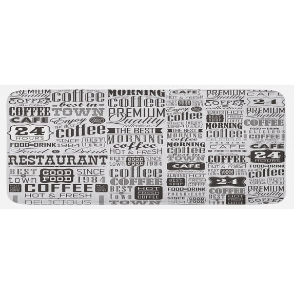 Vintage Kitchen Mat, Retro Style Texts and Typographic Vintage Coffee Shop Restaurant, Plush Decorative Kitchen Mat with Non Slip Backing, 47" X 19", Charcoal Grey Pale Grey, by Ambesonne