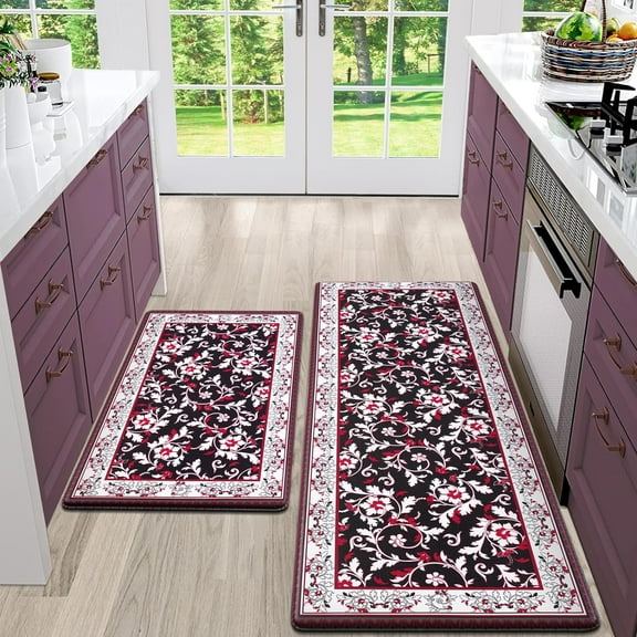 Vintage Kitchen Mats Cushioned Anti Fatigue, Boho Kitchen Rugs Sets of 2 Non Slip, Memory Foam Kitchen Mats for Floor, Farmhouse Comfort Mats for Kitchen/Laundry/Sink/Office, 17"x30"+17"x48"