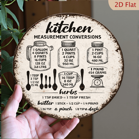 Vintage Kitchen Measurement Conversion Chart Wall Art, 8x8 Inch Round Metal Aluminum Sign for Cooking Reference