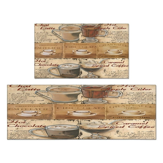 Vintage Kitchen Pattern Style Kitchen Mats for Floor Water Proof Non-Slip, Absorbent Mats Set Of 2 for Sink Waterproof Runner Rug for Laundry Room,kitchen Mats 17.7x24+17.7x48inch