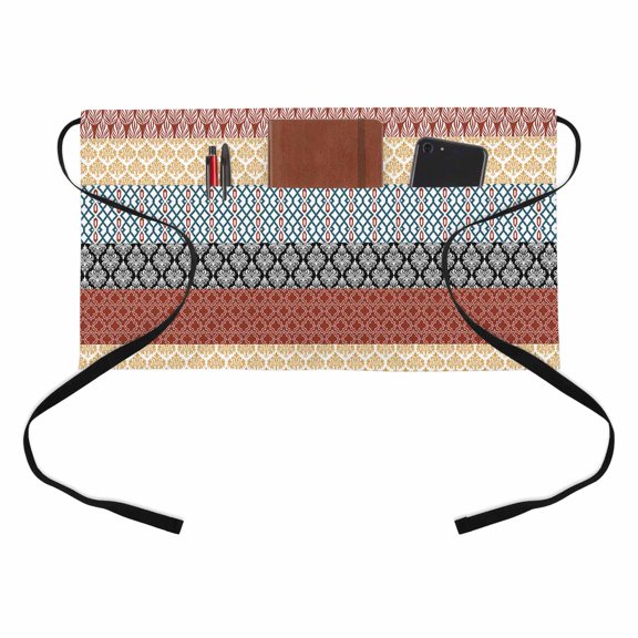 Vintage Kitchen Restaurant Half Waist Apron, Medieval Bohemian Red Geometric Stripe Server Short Apron with 3 Pockets Waterproof Oil Waist Aprons for Women Waitress Waiter